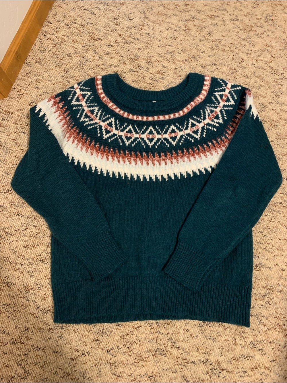 Maurices Teal Fair Isle Crewneck Sweater with Cream & Rust Accents